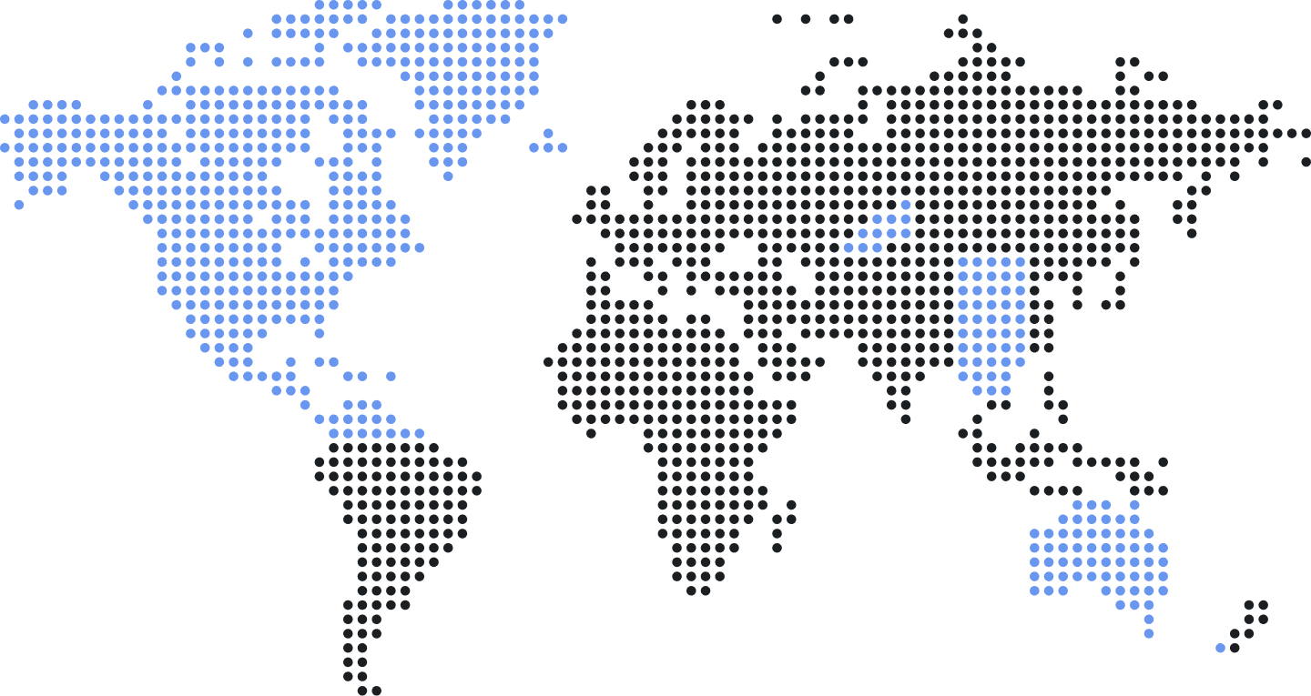 A blue dotted world map on a black background