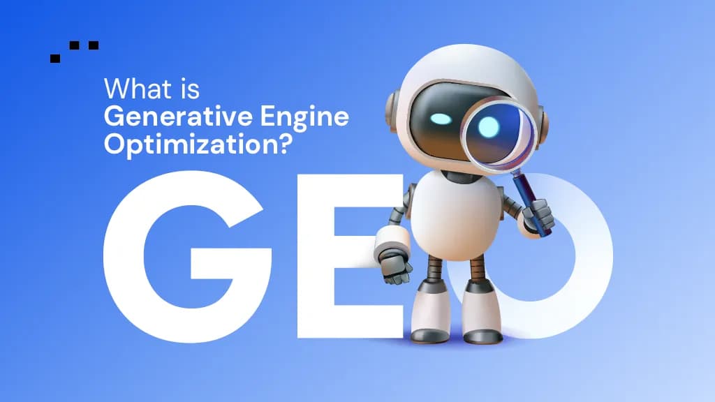 Illustration showing GEO explained with an AI robot and magnifying glass.